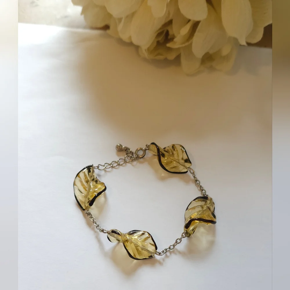 Yellow & Black Glass Spiral Leaf Beaded Bracelet Chain Bead Link Bracelet